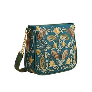 Bolso Bandolera con Bordado Sozni de Cachemira en Azul Turquesa con Diseño Paisley en Dorado y Rosa - Product Image 6