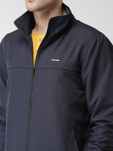 <b>Men's</b> Navy Blue Stand Collar <b>Racer</b> <b>Jacket</b> Solid Color Zipper Closure Casual Windproof Polyester Shell Regular Fit Autumn Wear - Product Image 3