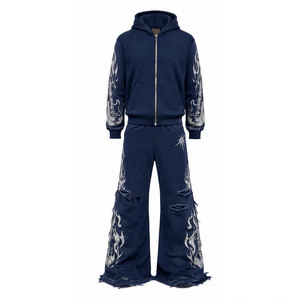 Conjunto de Sudadera con Capucha y Pantalones para Hombre, Azul Marino, con Estampado de Alas de Guitarra, Manga Larga, Corte Holgado, Estilo Urbano, Cierre Frontal con Cremallera - Product Image 2
