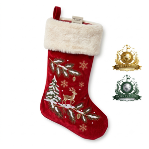 Chaussette de Noël personnalisée en velours rouge pour elfe, vente en gros, avec bordure pointue crème, accent clochette et broderie feuille de houx, chaussette cadeau - Product Image 2