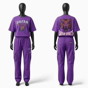 Ensemble t-shirt et pantalon en coton violet premium 190 GSM pour femme, streetwear confortable, impression personnalisée du logo, ensembles pour femmes - Product Image 3