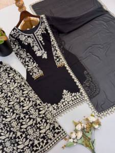 Ensemble de costume traditionnel pour femme en faux georgette crème brodé, longueur cheville, avec dupatta, pour mariage, style Inde Pakistan - Product Image 2