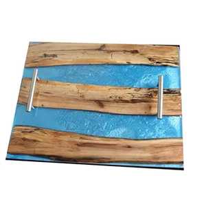 Planche à découper ronde en bois avec poignée, motif vague océanique en résine époxy, plateau de charcuterie en bois d'acacia, plateau de cuisine - Product Image 3