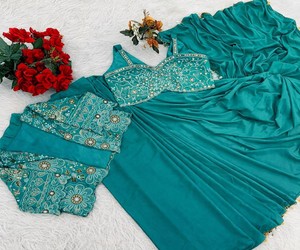 Elegant Teal Silk <b>Saree</b> <b>With</b> Embroidered <b>Jacket</b> Women's Ready To Wear Indian Wedding Party Ethnic Wear Regular Fit 82846 BB-59 - Product Image 5