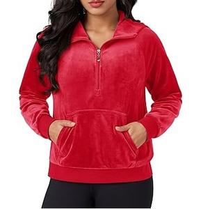 Sweat à capuche en velours de qualité supérieure, en coton épais, polaire respirant, avec fermeture éclair, pour femme, rouge - Product Image 1