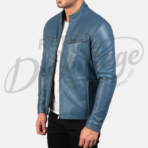 Chaqueta de cuero azul pizarra para hombre, corte ajustado, piel de oveja auténtica, abrigo informal de otoño e invierno, estilo motociclista, con cuello de banda y cierre de cremallera. - Product Image 6
