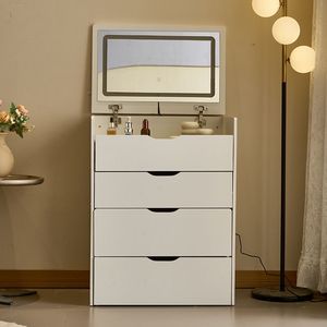 3-in-1 Small Vanity Desk Set with 3-Color Lighting <b>Mirror</b> Visible Glass <b>Tabletop</b> & 3 Drawers Storage Bench for Bedroom Makeup - Product Image 4
