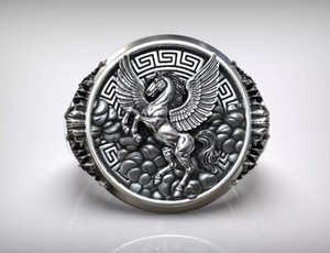 Anillo de Plata de Ley 925 de Lujo con Diseño de Caballo Mítico, Pegaso Alado, Banda Ancha, Joyería Unisex - Product Image 1