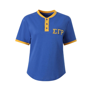 SGRho Royal Blue <b>Gold</b> Premium Henley Shirt Short Sleeve Button Placket Greek Letter Sorority Casual College Baseball Style - Product Image 1