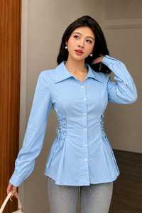 Blusa Rosa de Manga Larga para Mujer, con Botones, Diseño con Cordones Laterales, Plisada, Elegante, Informal, para Todas las Temporadas - Product Image 3
