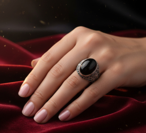 Bague cocktail en argent 925 avec pierre d'onyx noir, motif floral vintage, sertissage clos, bijou à porter au quotidien - Product Image 4