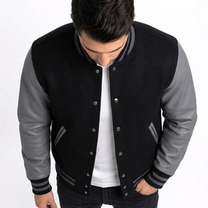 Custom Men's <b>Waterproof</b> Varsity <b>Jacket</b> Black Melton Wool <b>Grey</b> Genuine Cowhide Leather Sleeves Letterman Baseball Bomber Front - Product Image 3