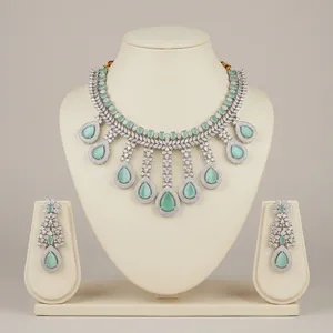 Silver Plated Women's Zircon Necklace <b>set</b> Teal Crystal Pear Cut Stones Classic Wedding <b>Jewelry</b> <b>Bridal</b> Fashion <b>Jewelry</b> <b>Set</b> - Product Image 2
