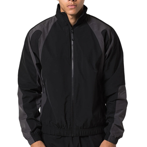 Unisex <b>Black</b> Color Blocking Racer Jacket Waterproof Windproof Breathable Zipper Closure Hooded Collar Sporty High Street Style - Product Image 1