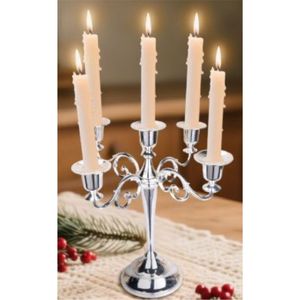 Candelabro de Metal Cromado Pulido |   Candelabro de 5 Brazos Estilo Vintage con Gotas Colgantes |   Centro de Mesa Decorativo para Comedor - Product Image 2