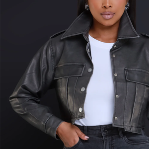 Women's PU Leather Moto Biker <b>Jacket</b> Stand Collar Button Closure Full <b>Sleeve</b> Solid Color <b>Short</b> Length Autumn Wear - Product Image 5