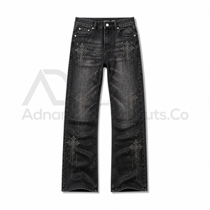 Jean en denim pour femme, taille mi-haute, respirant, avec strass et cristaux, coupe large, effet usé, style streetwear, 100% coton, fournisseur OEM - Product Image 1