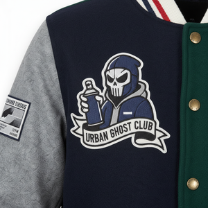 Chaqueta Varsity Urban Ghost Club para Hombre, Estilo Urbano, Diseño de Bloques de Color con Parches Bordados, Cuello Camisero, Corte Regular, para Otoño - Product Image 6