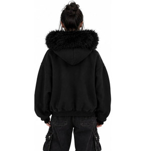 Women's <b>Gothic</b> Black Hooded Sweatshirt With Faux Fur Trim Skull Cross Print Zip-Up <b>Jacket</b> Winter Knitted Hoodie Regular Fit - Product Image 3