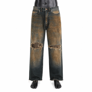 Jeans Homme Personnalisés Noir Brun Délavé Coupe Large Taille Mi-Haute Denim Épais Effet Usé et Déchiré Vintage Streetwear Vente en Gros - Product Image 1