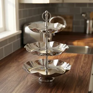 Silver Three Tiered Cake Stand, Chrome Plating Finish Features Ruffled Fluted Edge Platters Mounted On Central Ring Pillar <b>Post</b> - Product Image 3