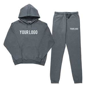 Customized Grey Hooded Sweatshirt Joggers <b>Set</b> Unisex Loose Fit Full Length Fleece Tracksuit Heat Transfer Printing Casual Wear - Product Image 1