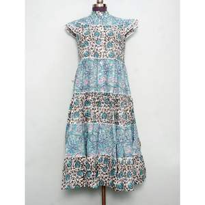 Robe longue vintage pour femme en coton, coupe trapèze, col rond, imprimé floral, manches courtes, avec ceinture boutonnée, respirante et séchage rapide - Product Image 1