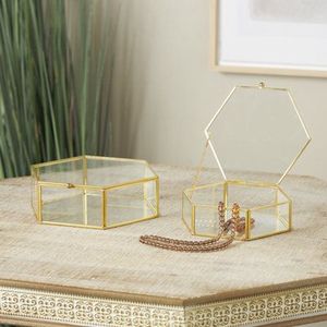 Hexagon Glass Jewelry <b>Box</b> With Gold Frame And Lid Modern Storage Container For Jewellery - Product Image 4
