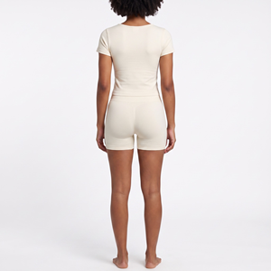 Ensemble de yoga unisexe 2 pièces sans couture en spandex et nylon à carreaux, taille haute élastique, haut à manches courtes et short - Product Image 2