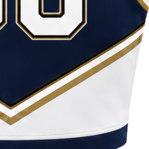 Haut court de cheerleading bleu marine et blanc doré pour femme, sans manches, col en V, pour performance athlétique, uniforme d'équipe de cheerleading, compétition - Product Image 6