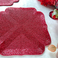 Set de table rond rouge perlé avec bordure en nœud blanc, décoration de table de Noël, toile antidérapante réutilisable, nouveauté, diamètre 500 mm