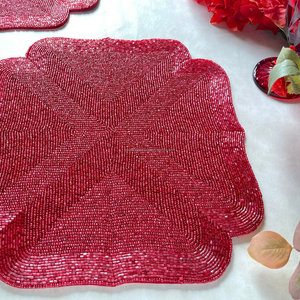 Red Round <b>Beaded</b> <b>Placemat</b> with White Bow Border Christmas Table Decor Non Slip Fabric Mat 400mm Diameter - Product Image 3