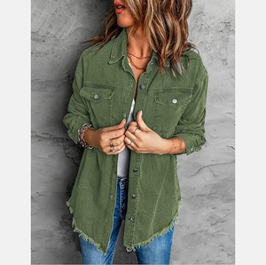 Women's Olive Green Genuine <b>Leather</b> Denim Shirt <b>Jacket</b> <b>Long</b> Loose Fit Turn-down Collar Button Front Frayed Hem Casual Spring - Product Image 6