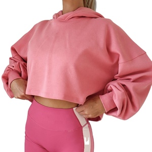 2025 Women's <b>Pink</b> Cotton Terry Hoodie Breathable <b>Crop</b> <b>Top</b> with Printed Front Logo Gym Active Casual Hooded Collar Winter Wear - Product Image 5
