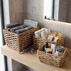 Set of <b>3</b> Eco-Friendly Water Hyacinth <b>Storage</b> Baskets Woven Traditional Laundry Hamper & Organizer <b>Bin</b> with Handles for Home - Product Image 2