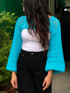 Handmade Crochet Women's <b>Cardigan</b> Blue Textured Knit Long Sleeve Casual Wear Regular Fit Fashion Top - Product Image 3