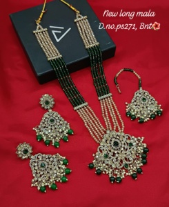 Luxury Kundan Long Mala Necklace <b>Set</b> with Green Beads Bridal <b>Set</b> Zircon Flower Design Rose Gold Plated Women's Party Anniversary - Product Image 2