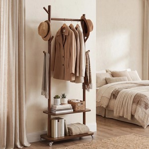 Perchero de pie de madera con estantes de tres niveles y ganchos para almacenamiento en la entrada, diseño minimalista - Product Image 3