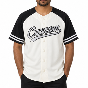 High Quality Custom Team Baseball Jersey Black White Raglan <b>Short</b> <b>Sleeve</b> <b>Button</b> <b>Up</b> Uniform <b>Shirt</b> Striped Cuffs Wholesale Supply - Product Image 4