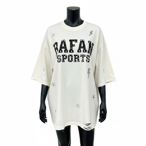 Camiseta de algodón de alto gramaje para mujer, corte holgado, color crema, estilo urbano, con dobladillo desgastado y estampado gráfico con logo. Camisetas holgadas de algodón para mujer. - Product Image 6