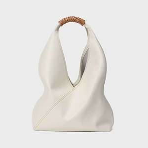 White Embossed <b>Leather</b> Hobo <b>Bag</b> with <b>Woven</b> Handle 80g - Product Image 2