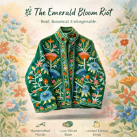 Jaket Bomber Beludru Jahitan Tangan Artisan Bordir Bunga Vintage Kerah Tegak Berlapis Katun Pakaian Luar Mewah