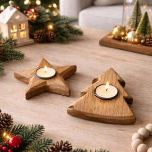 ชุดที่วางเทียนรูปต้นคริสต์มาสและดาวทำจากไม้แฮนด์เมด – ของตกแต่งวันหยุดสไตล์นอร์ดิกแบบมินิมอลและเป็นของขวัญที่เป็นมิตรกับสิ่งแวดล้อม - Product Image 2