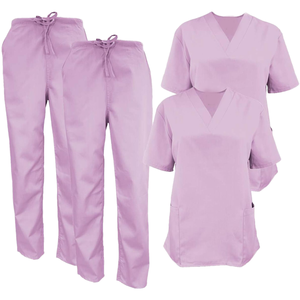Women's Pink V-Neck <b>Scrub</b> <b>Top</b> Pockets Matching Pants Hospital Uniform Set 100% Cotton Woven Fabric Needle Detection Seamless - Product Image 1