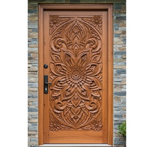 Puerta Principal de Madera Sólida Tallada a Mano con Mandala Floral, Decoración Artística para Entrada Exterior - Product Image 1