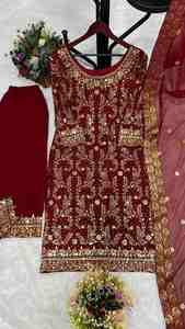 FANCY GEORGETTE EMBROIDERY STONE WORK TOP PALAZZO WITH DUPATTA MAROON 411 - Product Image 3