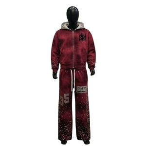 Ensemble survêtement homme personnalisé en molleton de coton avec fermeture éclair intégrale, motif vintage délavé et strass, style jogging, OEM ODM - Product Image 4