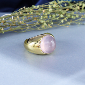 18K Gold Plated Brass Rose Quartz <b>Dome</b> <b>Ring</b> | Vintage Chunky Gemstone Statement Jewelry - Product Image 4