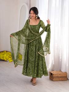 Women's <b>Red</b> Chiffon Anarkali Suit Set Square Collar Full Sleeve Printed Dot Pattern Sequined Embroidery Long Length Elegant - Product Image 3