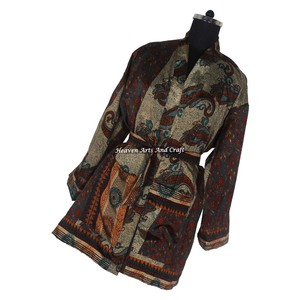 KS008 2026 Robe Kimono Courte Vintage en Soie Imprimé Floral, Cache-maillot de Plage Long, Robe Maxi Indienne Ethnique, Peignoir de Bain - Product Image 1